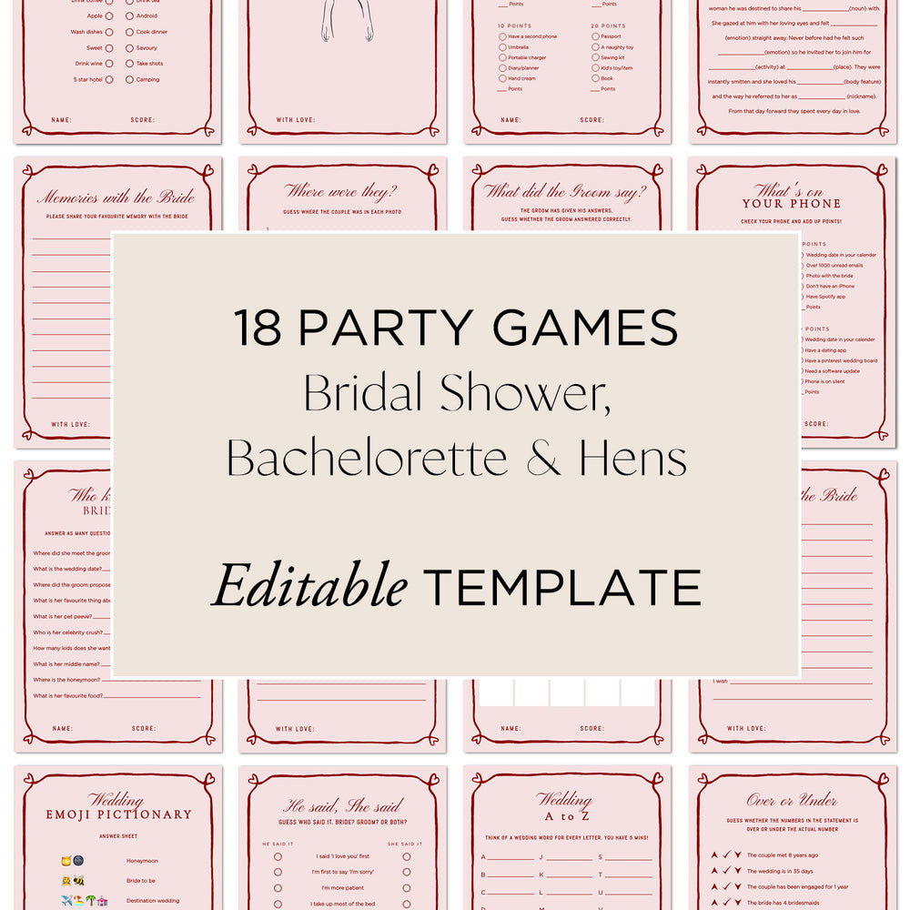 Hens Bachelorette Party Games Editable Template - Beloved