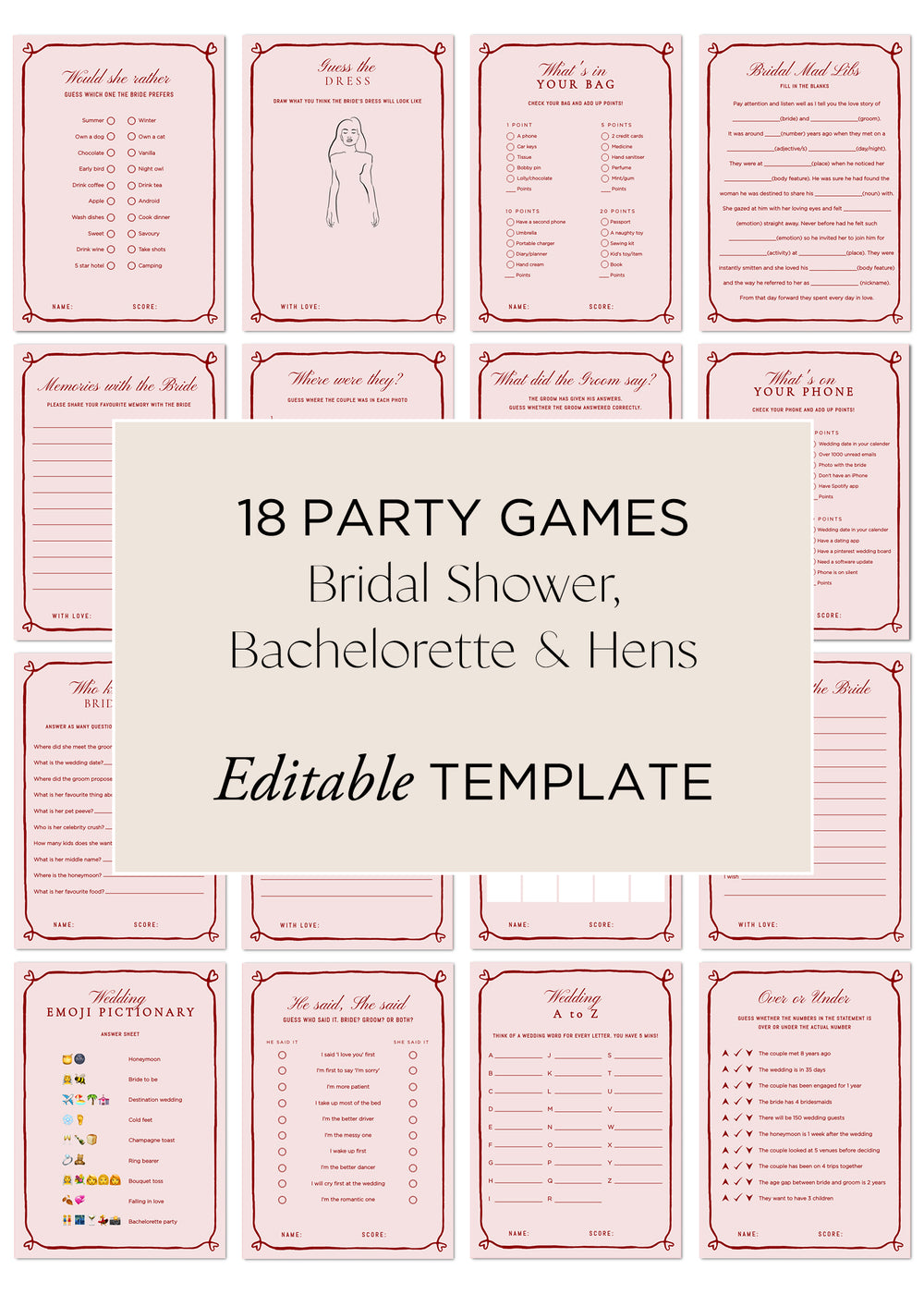 Hens Bachelorette Party Games Editable Template - Beloved