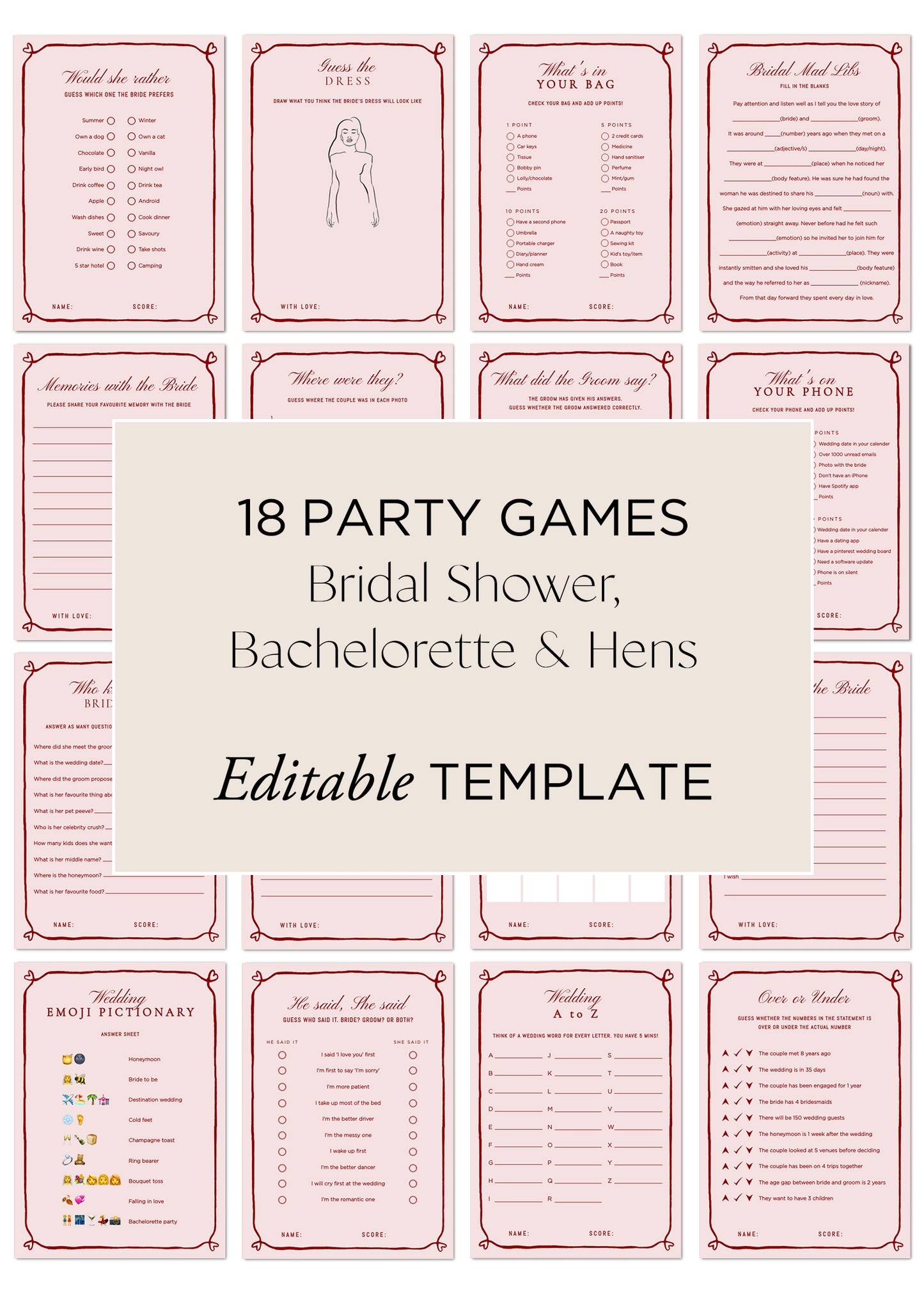 Hens Bachelorette Party Games Editable Template - Beloved