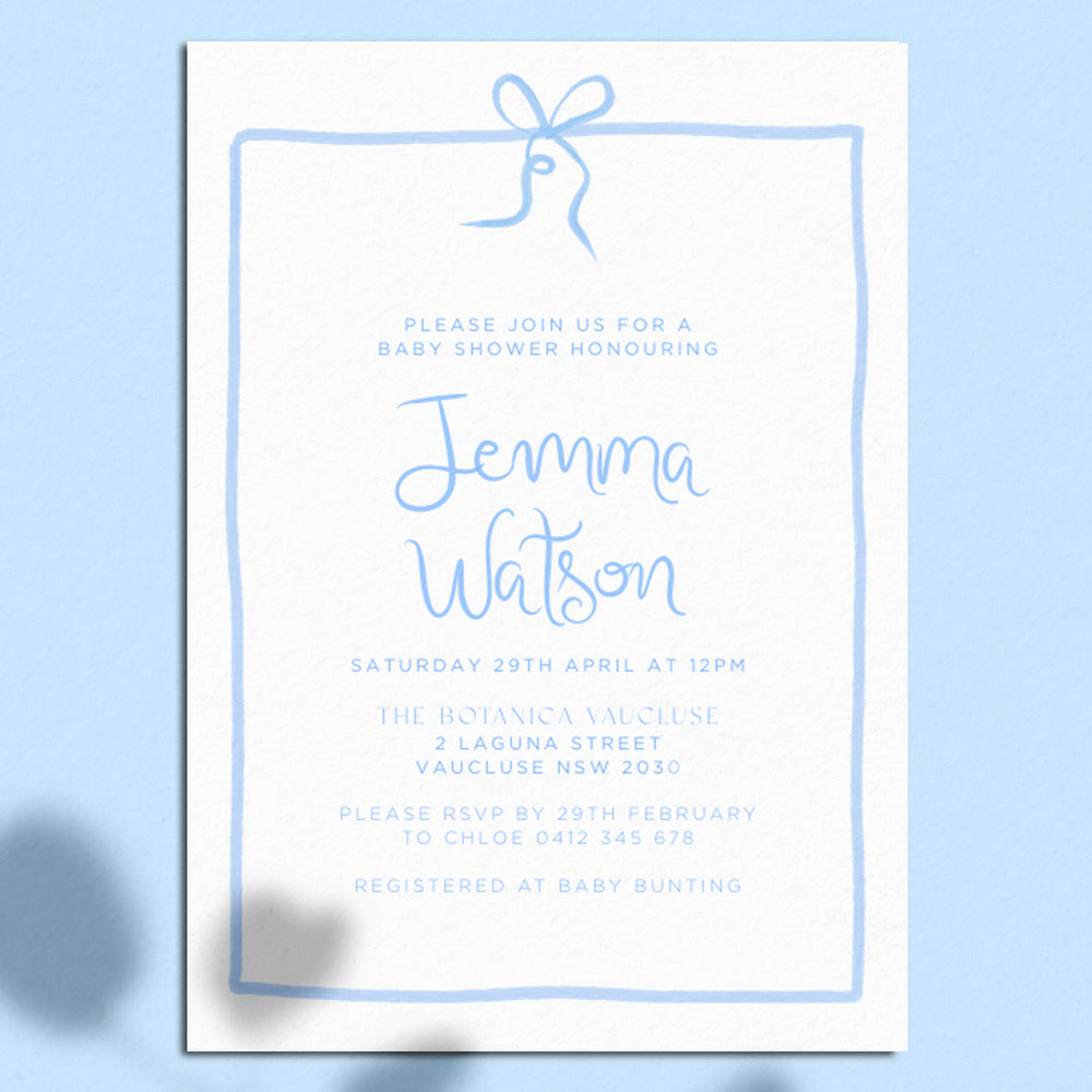 Baby Shower Invite Editable Template - Blue Bow - Vorfreude Stationery