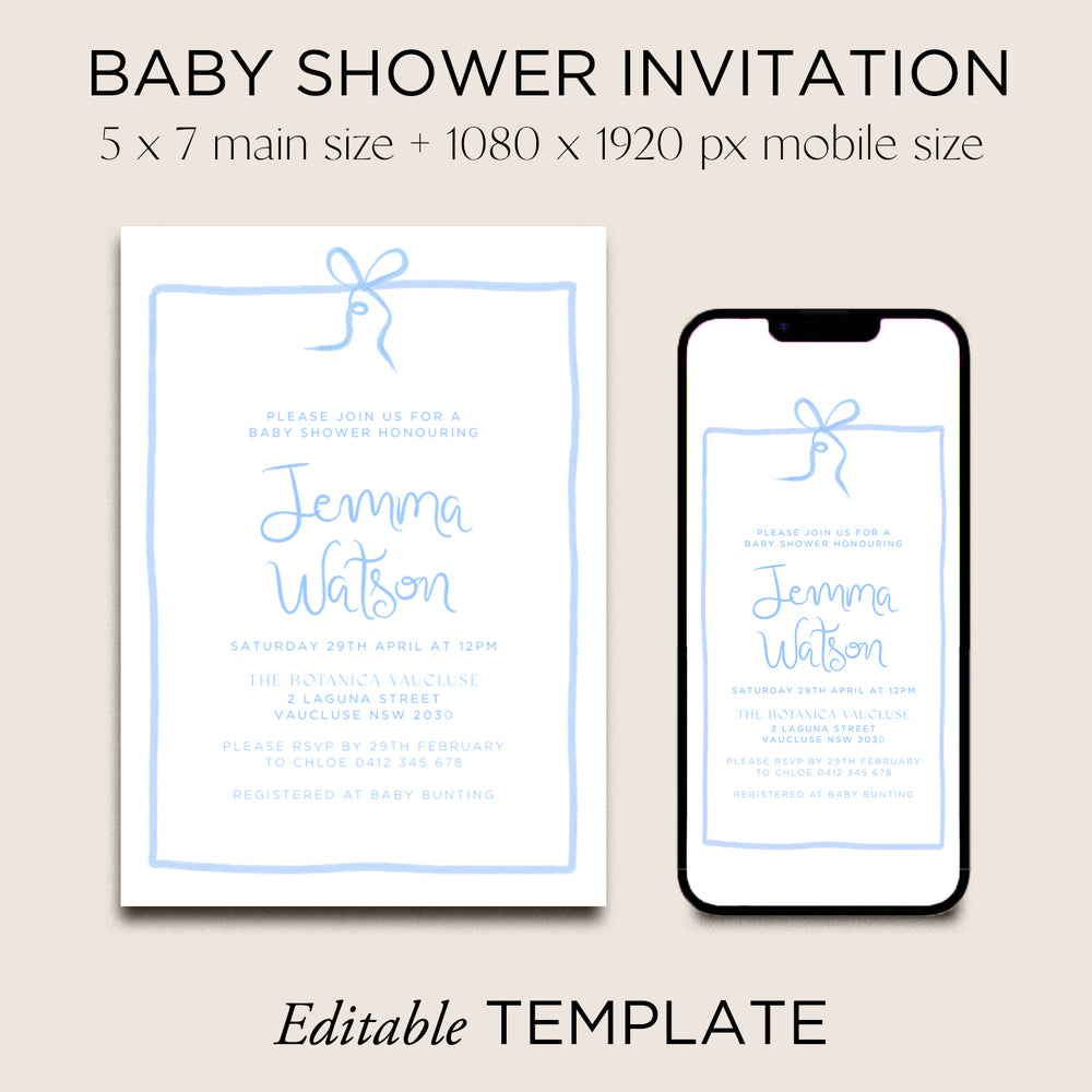 
                      
                        Baby Shower Invite Editable Template - Blue Bow - Vorfreude Stationery
                      
                    