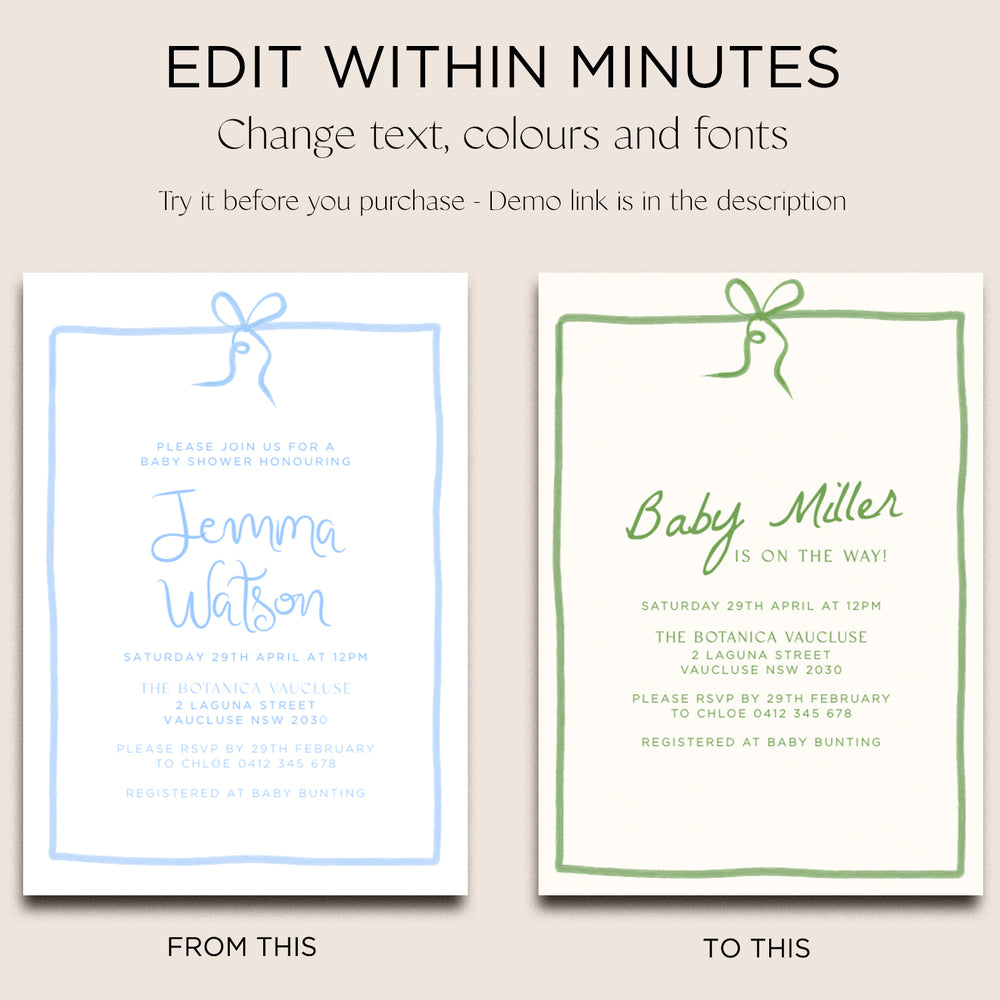 
                      
                        Baby Shower Invite Editable Template - Blue Bow - Vorfreude Stationery
                      
                    