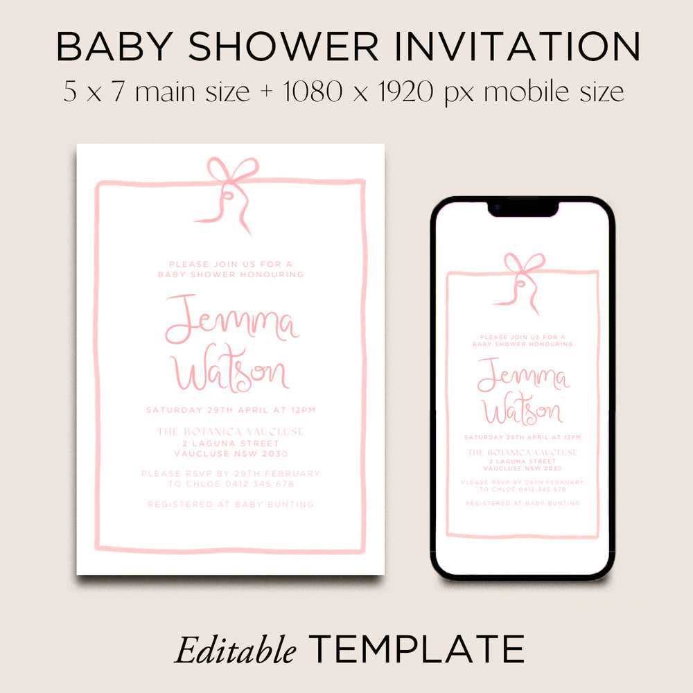 
                      
                        Baby Shower Invite Editable Template - Pink Bow - Vorfreude Stationery
                      
                    