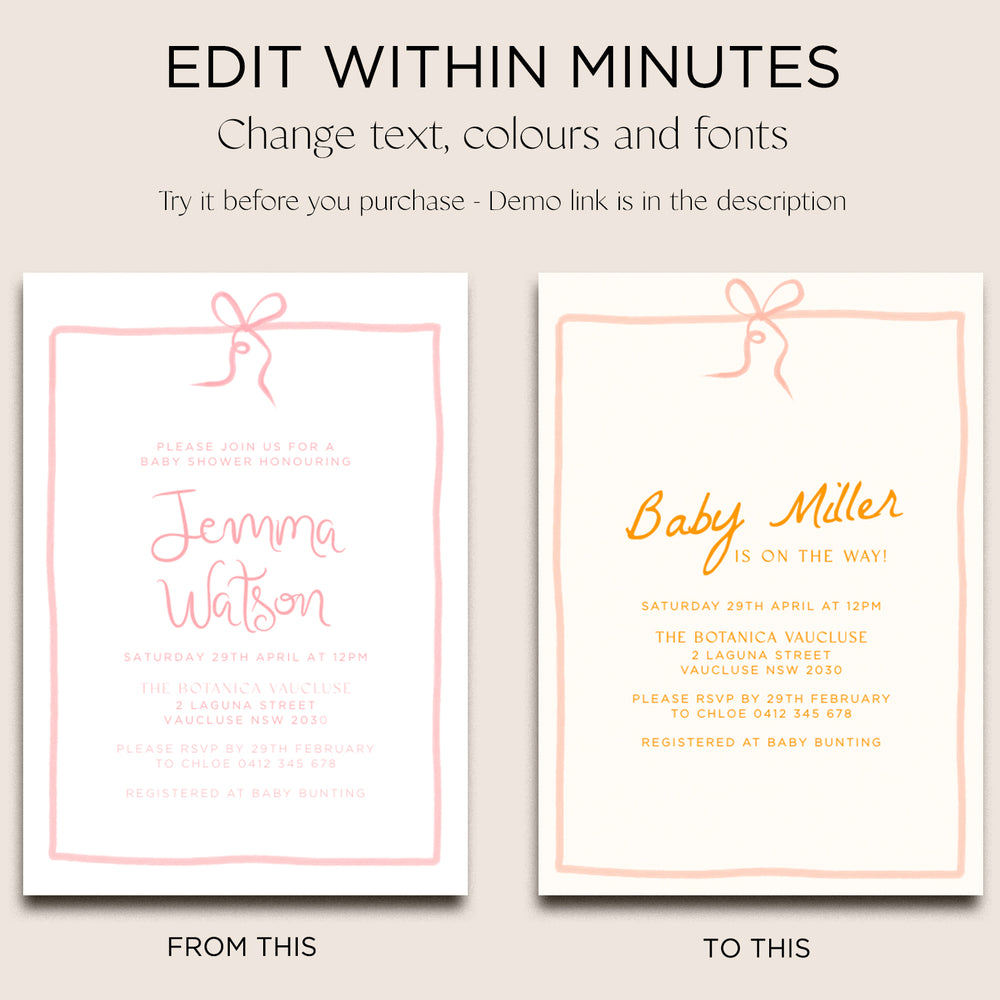 
                      
                        Baby Shower Invite Editable Template - Pink Bow - Vorfreude Stationery
                      
                    