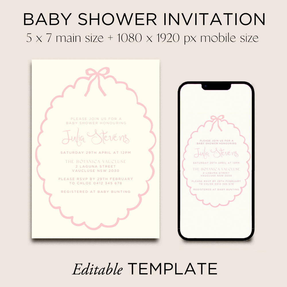 
                      
                        Baby Shower Invite Editable Template - Pink Ribbon - Vorfreude Stationery
                      
                    