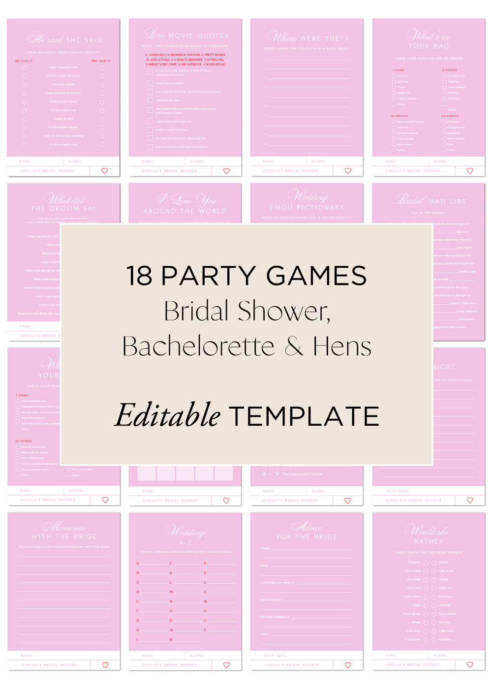 Hens Bachelorette Party Games Editable Template - Sweethearts - Vorfreude Stationery